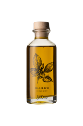 Organic dressing with extra virgin olive oil and basil, packaged in a 200 ml bottle. The dressing features a vibrant green color and a blend of aromatic herbs.