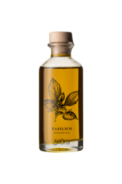 Organic dressing with extra virgin olive oil and basil, packaged in a 200 ml bottle. The dressing features a vibrant green color and a blend of aromatic herbs.