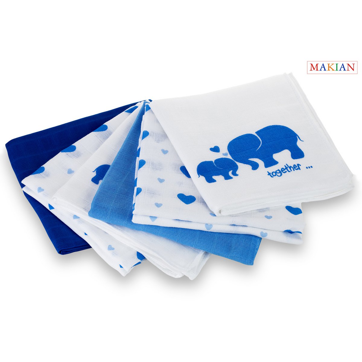 Makian Hydrophile Windeln -80x80cm-Set mit 6 Stück-Öko-Tex geprüft-100% Baumwolle-Blau/Elefant