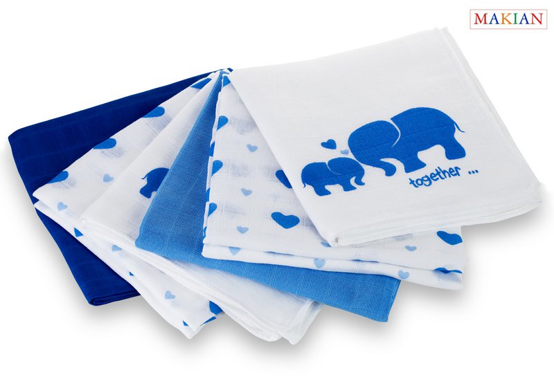 Pannolini idrofili Makian -80x80cm-Set di 6 pezzi-Testato Oeko-Tex-100% Cotone-Blu/Elefante