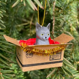 Handgemaakt kattenkerstornament grijs in minidoosje