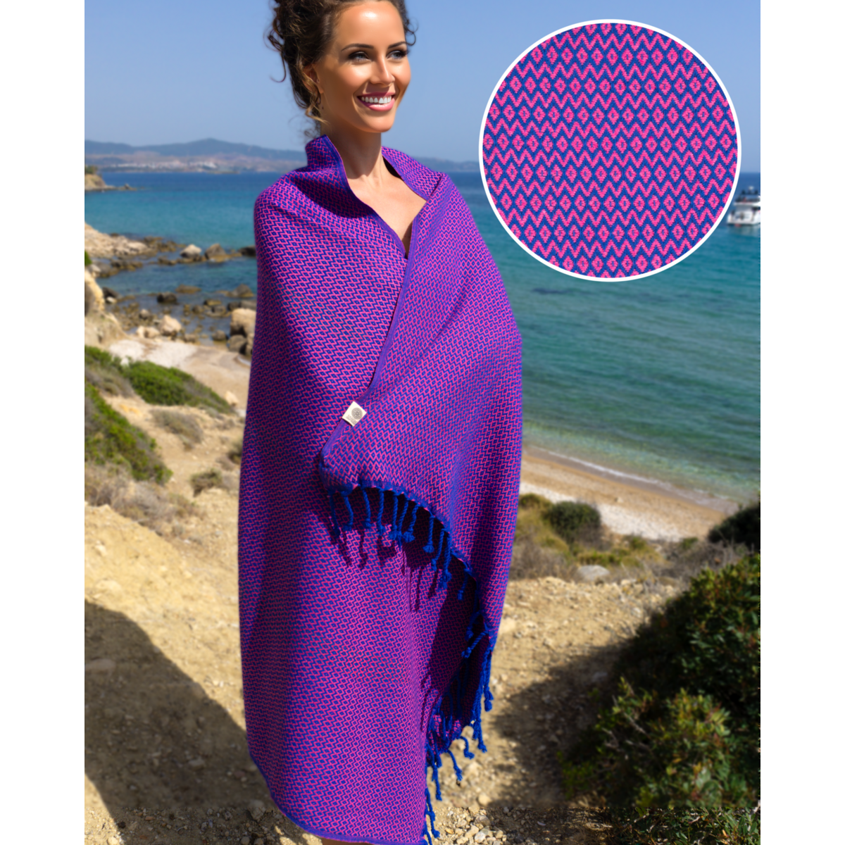 Toalla de playa SAMOS Hammam de algodón – Secado rápido – Azul / Fucsia - 180x100 cm