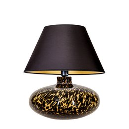 Bordlampe af glas, pæreformet, plettet med sort lampeskærm