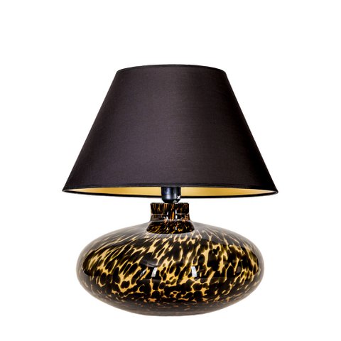 Glass table lamp, bulbous, spotted with black lampshade