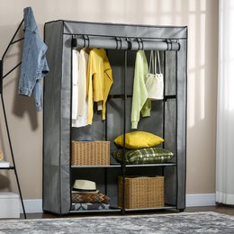 Fabric Closet Storage Solution 4 Shelves 2 Clothes Rails Gray