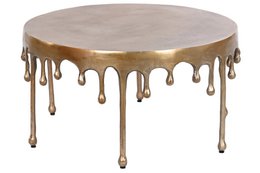  Antique gold round coffee table with dripping metallic accents, made of aluminum.
