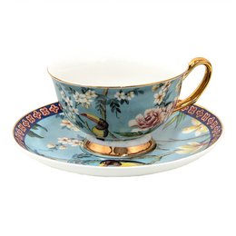 Kop og tallerken 200 ml blåt guld -farvet porcelænsfugle service