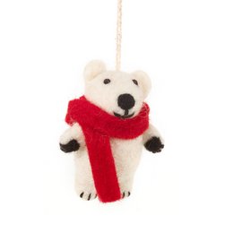 White felt polar bear wearing red scarf, handmade biodegradable hanging decoration ornament.