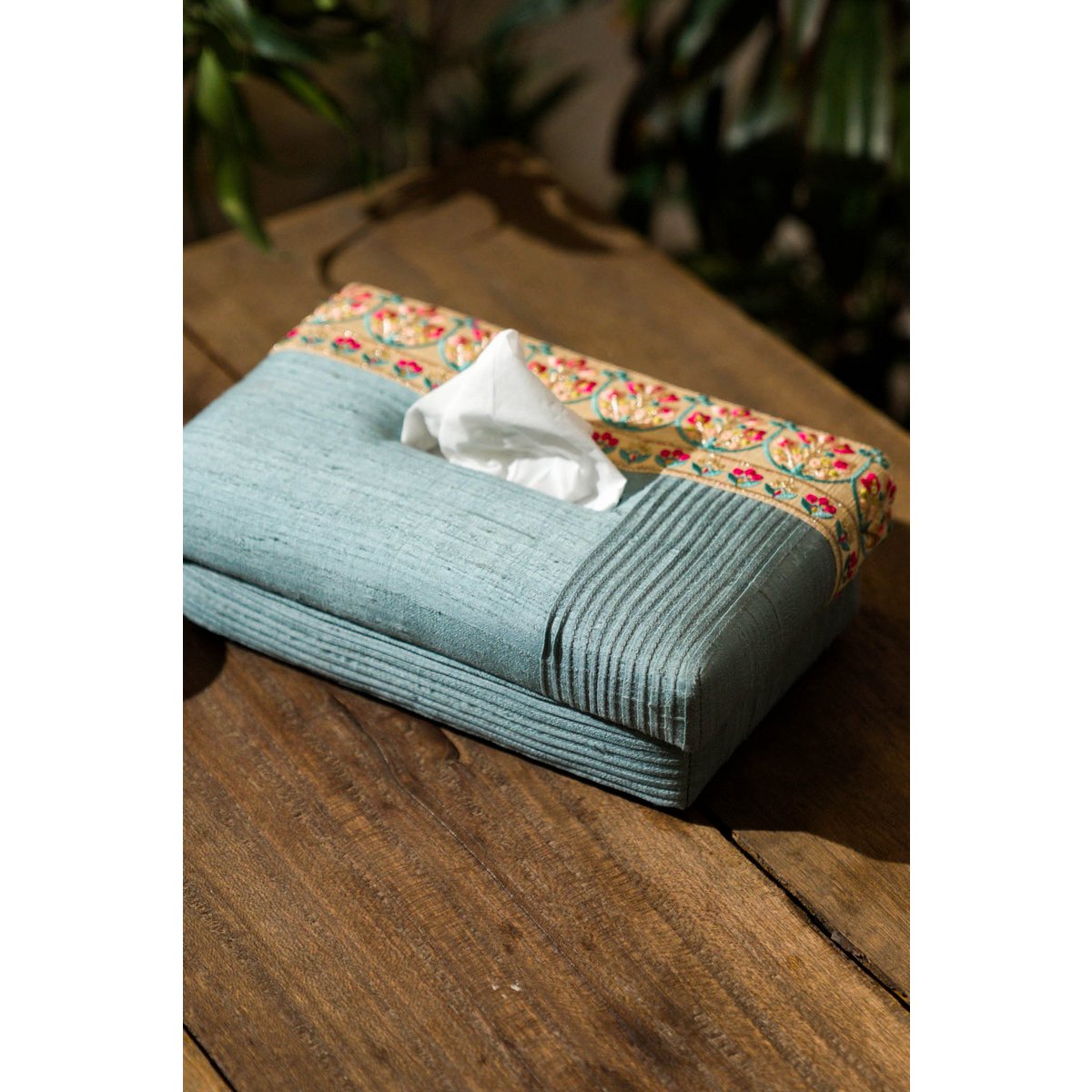 Tissue Box Cover | Dupion Silk Floral Embroidery | 24x14cm