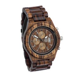 Wooden watch with zebra-patterned face and chronograph features.