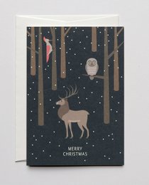 A Christmas card featuring a deer and an owl in a snowy forest scene. The card has a dark background with trees, snowflakes, and the text "Merry Christmas".