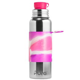 Stainless steel sports bottle with pink swirl sleeve, 850 ml capacity, suitable for yoga and other activities.