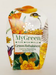Green rebalance oil, a nourishing face oil with a blend of natural ingredients including rosehip, calendula, and chamomile to hydrate and balance the skin.