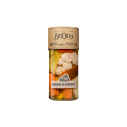 Mixed pickled vegetables, giardiniera, sweet and sour, organic, glass jar.