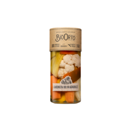 Mixed pickled vegetables, giardiniera, sweet and sour, organic, glass jar.