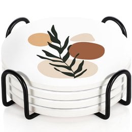 White ceramic coasters with botanical leaf design, cork base, modern minimalist style, set of 6 with metal holder.