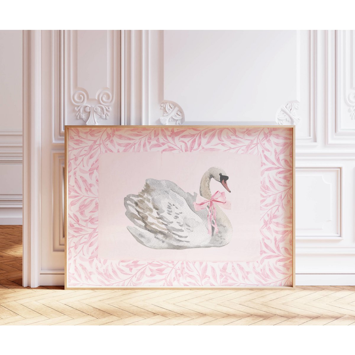 Swan with pink bow poster, vintage swan poster, Pink bow print, girls bow poster, pink toile art, pink girls room poster, girls nursery poster