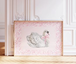 Swan with pink bow poster, vintage swan poster, Pink bow print, girls bow poster, pink toile art, pink girls room poster, girls nursery poster