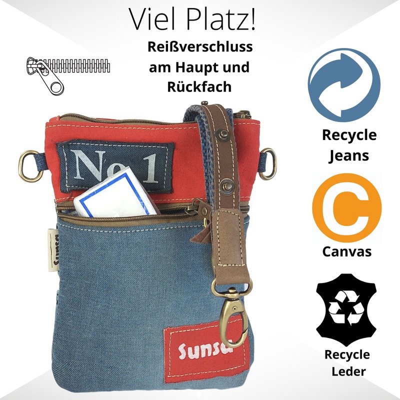 Sunsa lille bæredygtig skuldertaske til kvinder. Skuldertaske lavet af genbrugte jeans & canvas (canvas). Håndtaske vintage retro stil. Crossbody taske til kvinder.