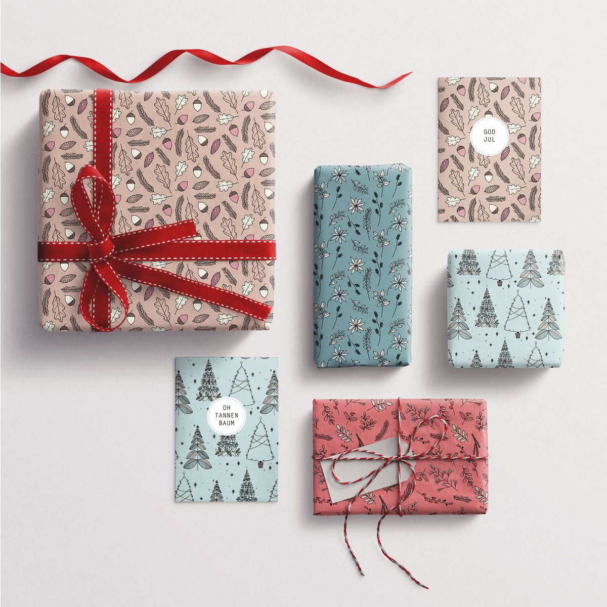 Gift paper DIN A2, printed on both sides, Christmas patterns in light blue and dark blue