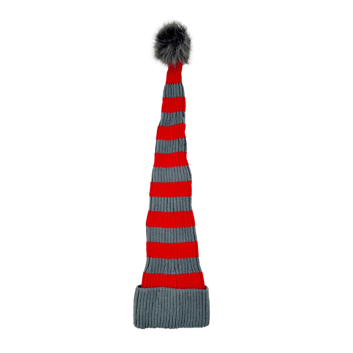 Santa hat - Red/grey striped flat knit fur pompom
