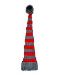 Santa hat - Red/grey striped flat knit fur pompom
