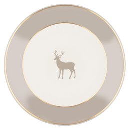 Beige dinner plate with deer silhouette, gold rim, elegant minimalist design, ceramic tableware.
