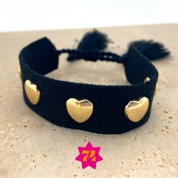 Vævet armbånd sort hjerter guld