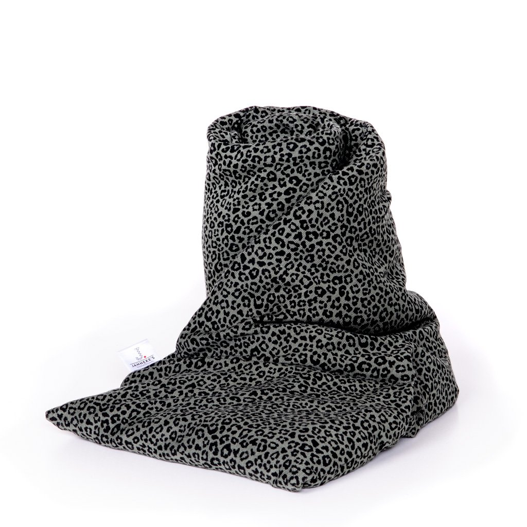 Ocieplany szalik w panterkę, kolor khaki, zielony | 70 cm | organiczne siemię lniane