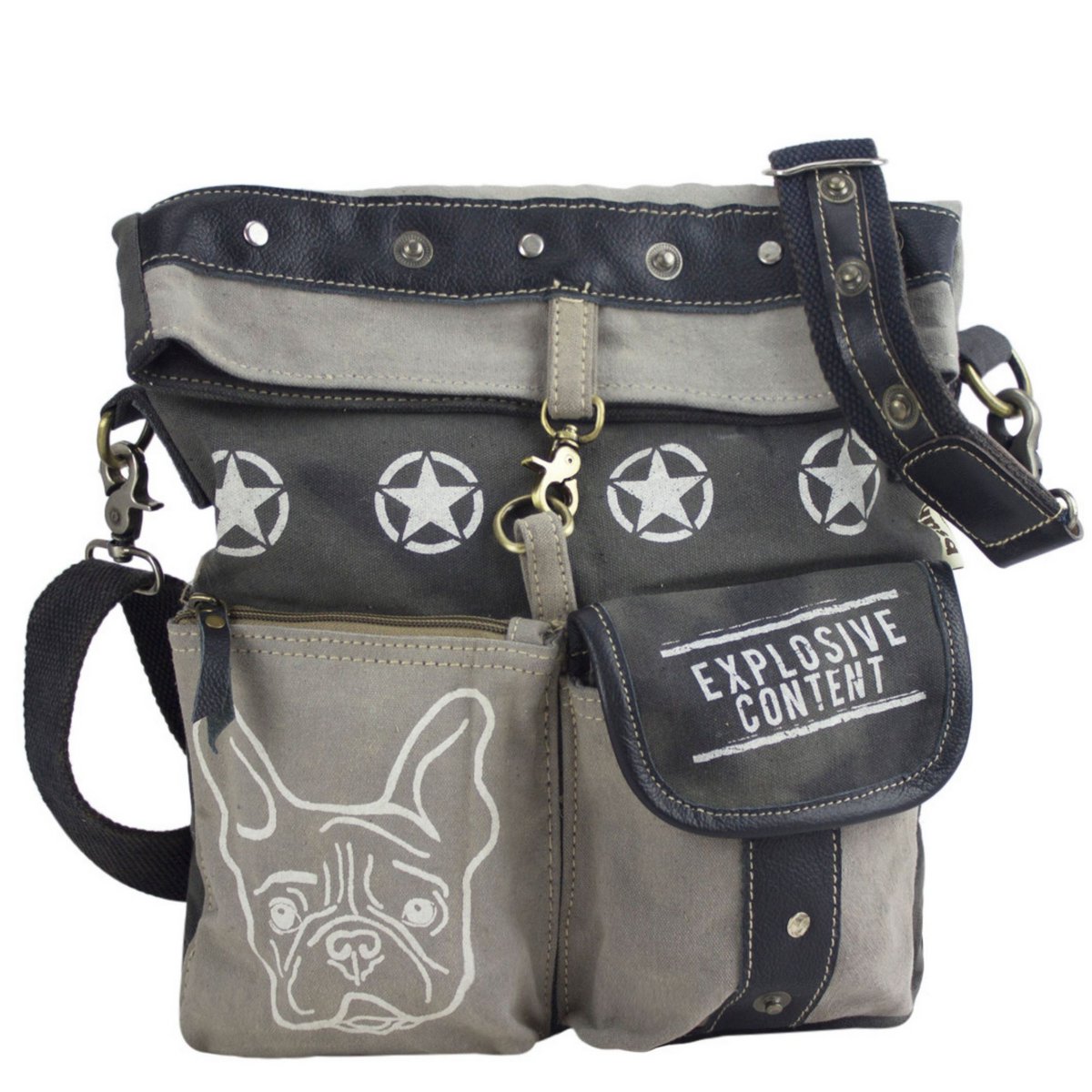 Sunsa dames schoudertas. Handtas gemaakt van canvas en leer. Schoudertas in vintagestijl. Grote crossbodytas voor dames met hondenprint grijs/zwart