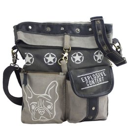 Sunsa dames schoudertas. Handtas gemaakt van canvas en leer. Schoudertas in vintagestijl. Grote crossbodytas voor dames met hondenprint grijs/zwart