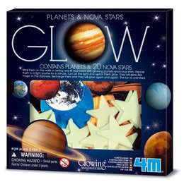 Planets and Nova Stars Glow Kit contains glow-in-the-dark planets, stars, and other celestial objects. The kit includes various shapes and sizes of glow-in-the-dark pieces that can be arranged to create a cosmic display.