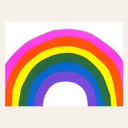 Colorful rainbow-themed postcard with vibrant shapes and patterns, including hearts, circles, and abstract designs in a variety of bright hues.