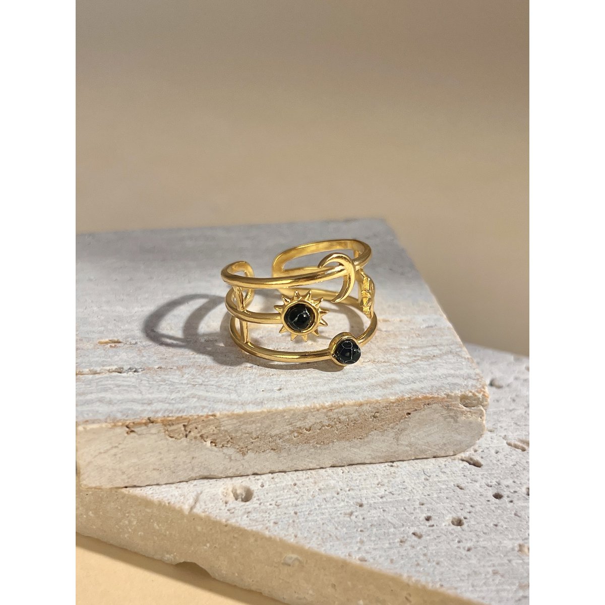 Moon, star and sun adjustable ring with stone