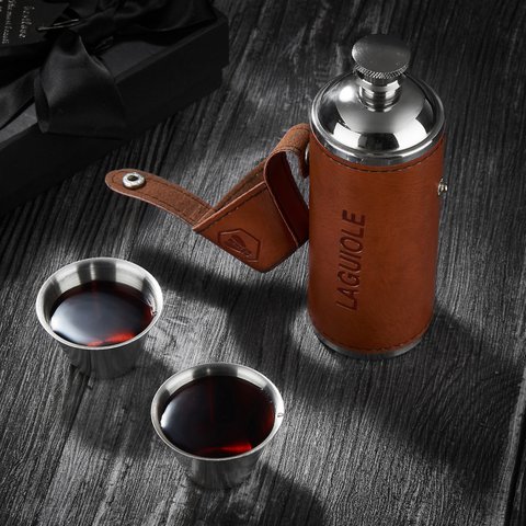 laguiole steel flask + 2 cups HIPFLASK 2 CUPS PU WRAPPED BROWN 8 OZ
