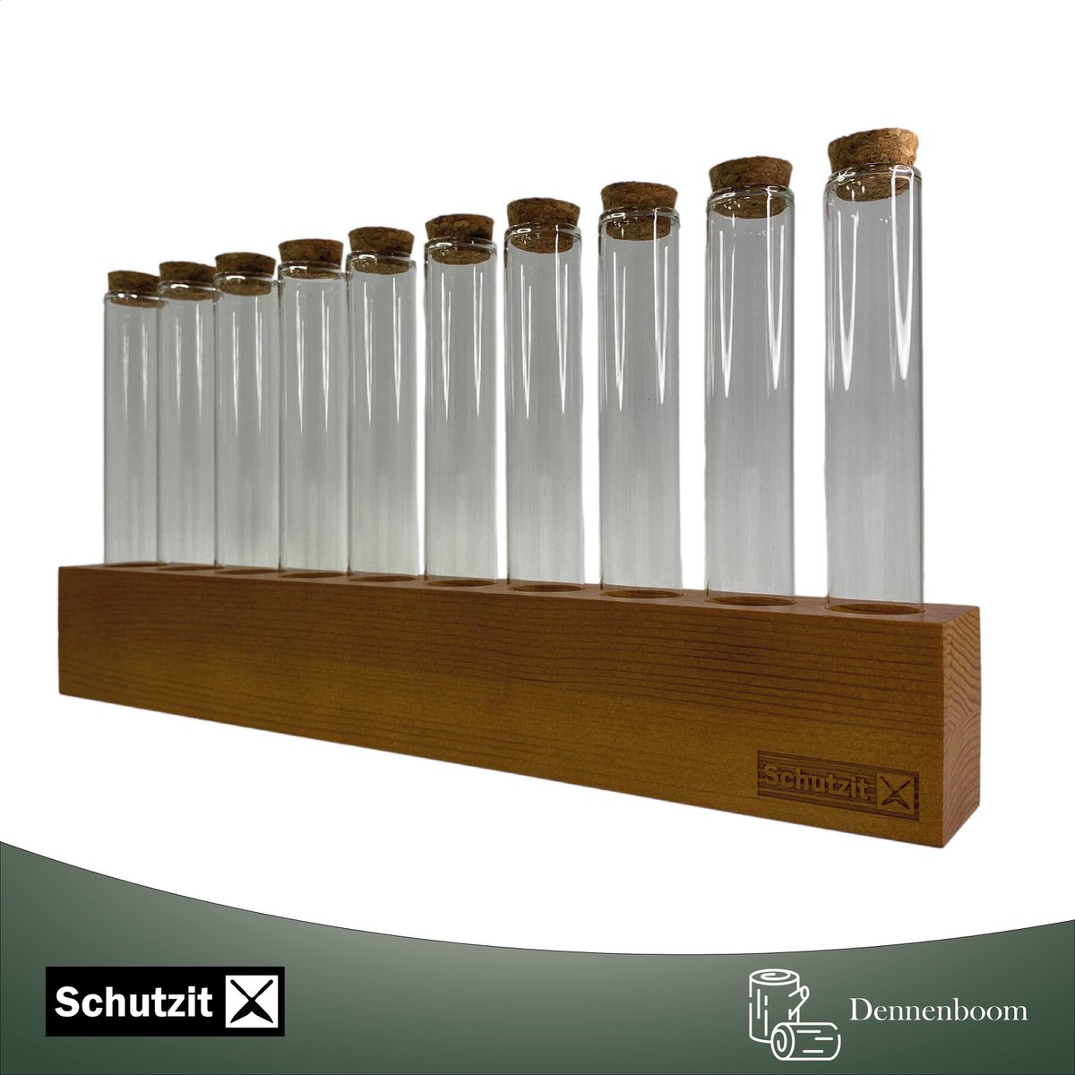 Schutzit - Kruidenrek Hout Ophangbaar - 10 Reageerbuisjes met Kurk - Kruidenrekje Hout - Glazen Potjes Reageerbuis