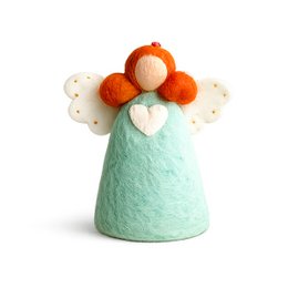 Felt angel ornament, orange hair, mint green dress, white wings, handmade decorative figurine.