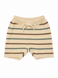 Beige striped knit baby shorts with drawstring, soft comfortable casual wear for infants toddlers.