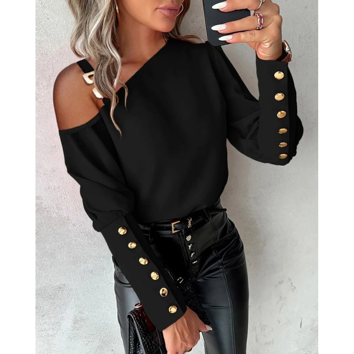 Mode lanterne manches bouton épissage chemise femmes élégant bureau banlieue O cou Blouse femme automne printemps quotidien décontracté hauts