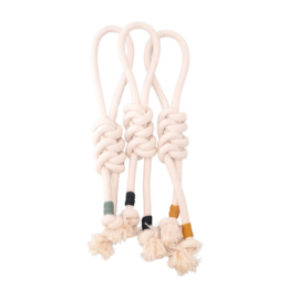 Snake Knot Rope Toy, a pet toy made of rope in Eucalyptus Green, Mustard, and Navy colors, featuring a knotted design that provides a fun and engaging playtime for pets.
