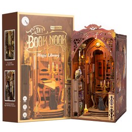  A 3D DIY wooden bookend with LED light sensor, featuring an intricate library scene with arched doorways, bookshelves, and decorative elements. The product is designed for use as a book stand or decorative piece.