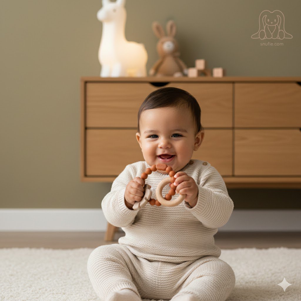 Soft & Hard | Leaf RATTLE Wood & Silicone Teether | Rust & Khaki