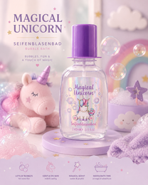 Purple shower gel bottle, unicorn theme, magical design, pink packaging, sparkly aesthetic, children's bath product.