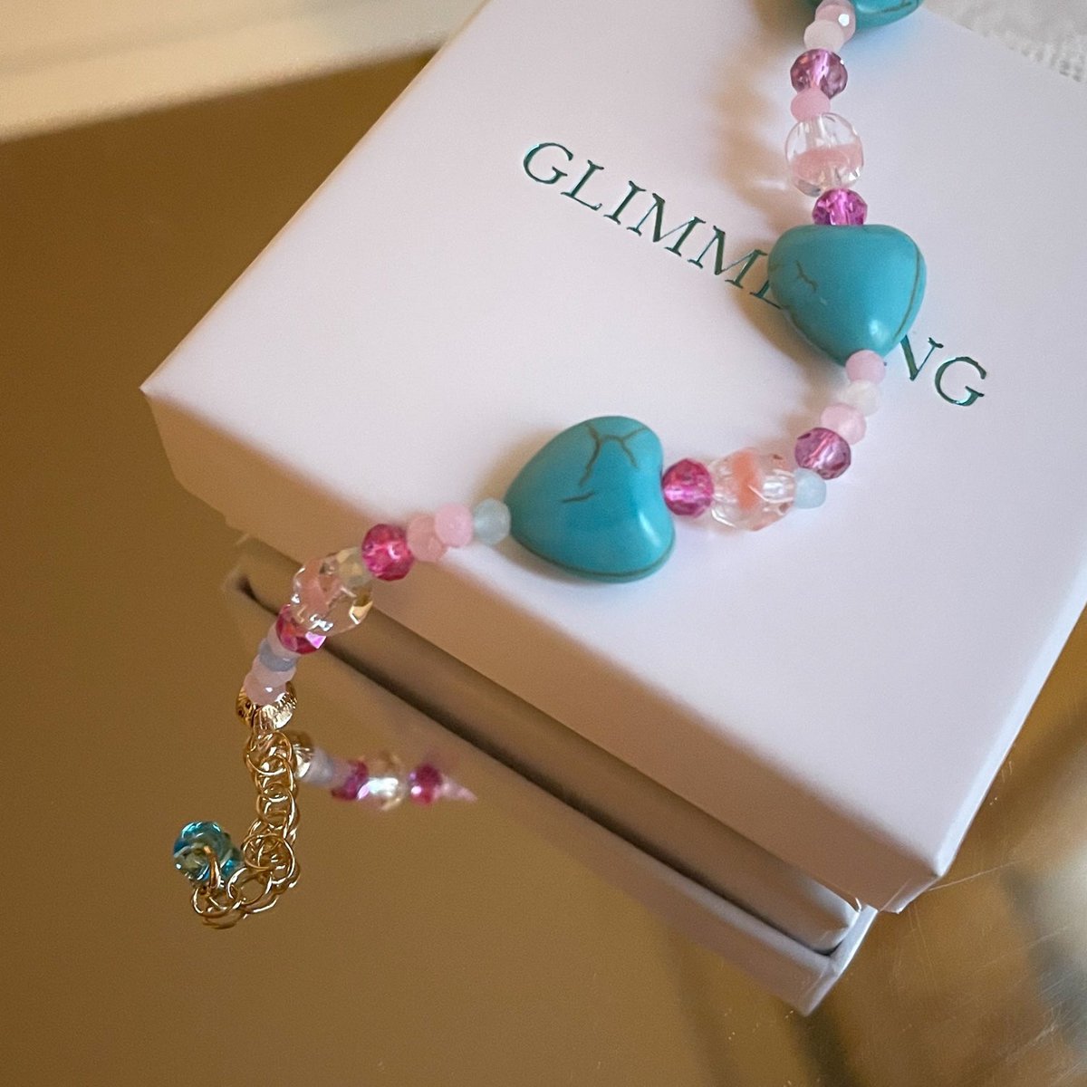 Blue gemstone hearts bracelet with crystals, gold plated extension