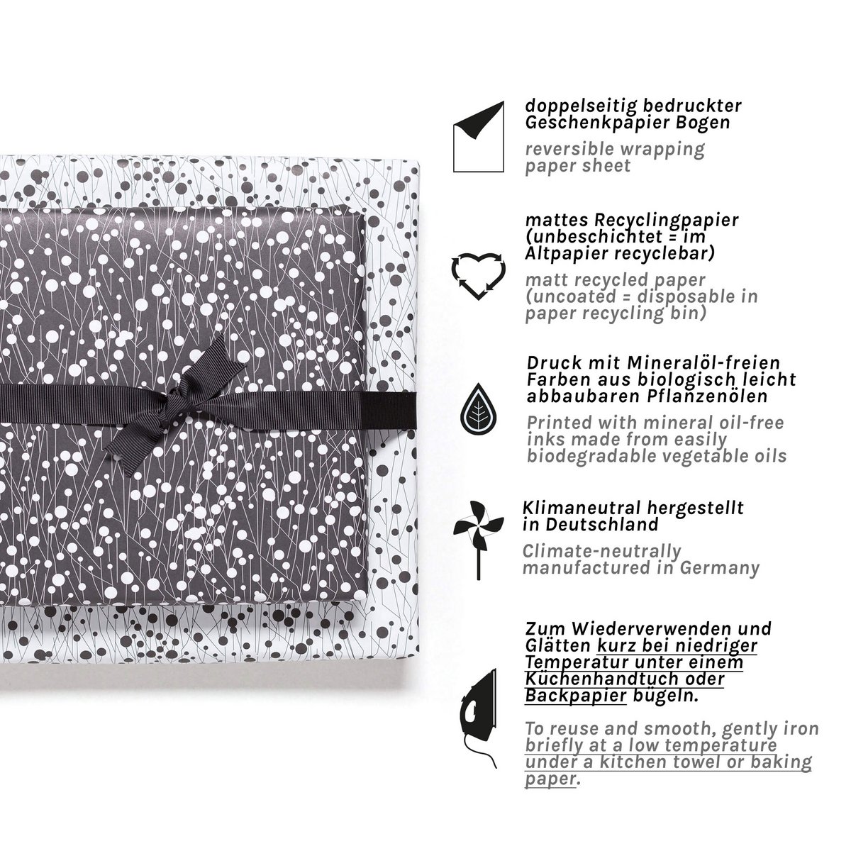 Papel de envoltura blanca negra floral, empaquetado perfectamente para regalos para hombres o como papel para boda para bodas