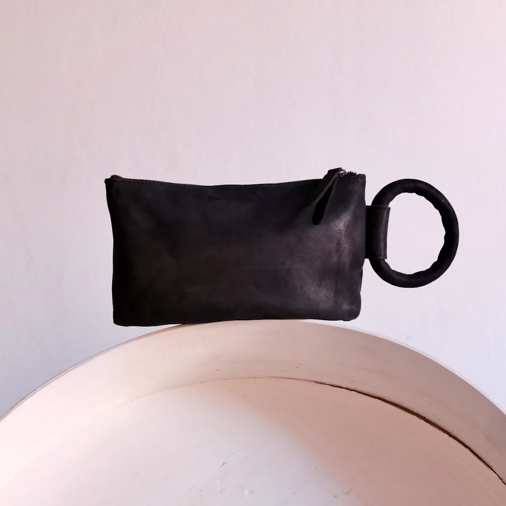 Black Leather Circular Handle Clutch