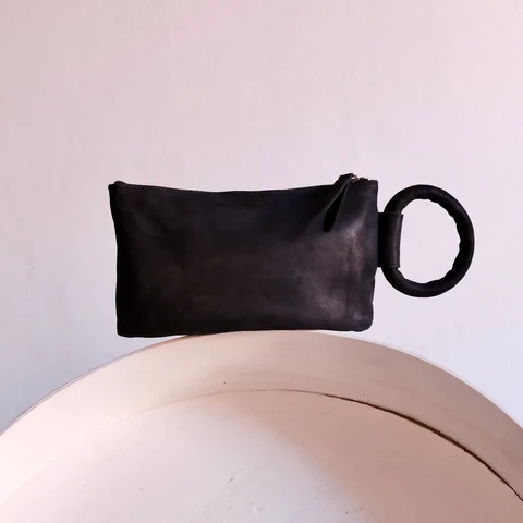Black Leather Circular Handle Clutch