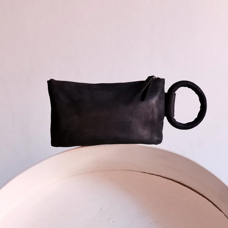 Black Leather Circular Handle Clutch