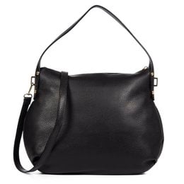 Black leather shoulder bag with adjustable strap, available in dark brown, dark gray, and brown color variants.
