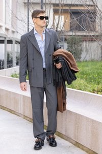 Double-breasted wool blazer in grey Made in Italy